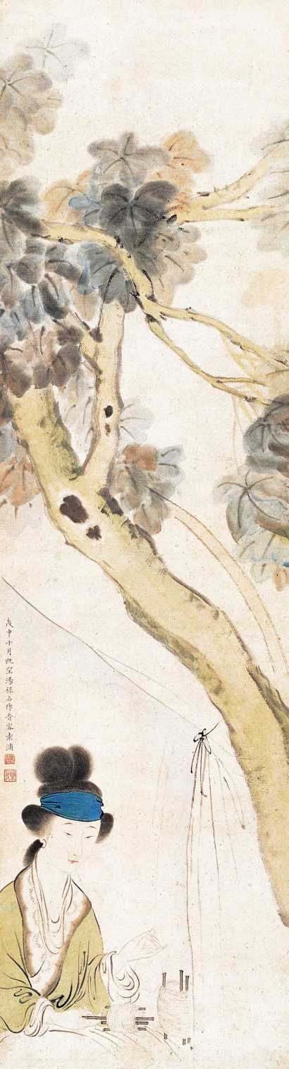 汤禄名 戊申（1848年）作 桐荫仕女 立轴